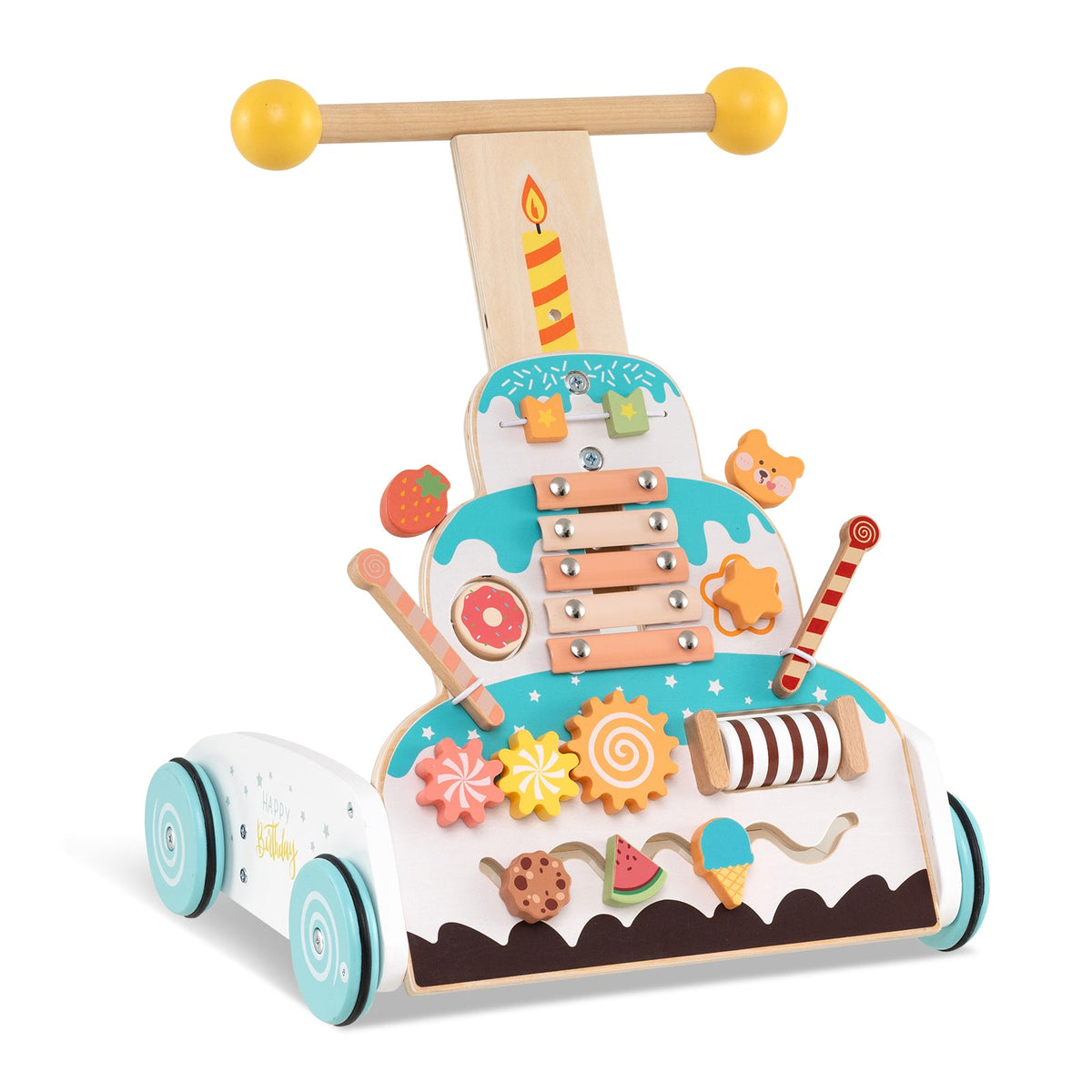 Wooden Baby Walker with Adjustable Heights and Smooth Wheels-White