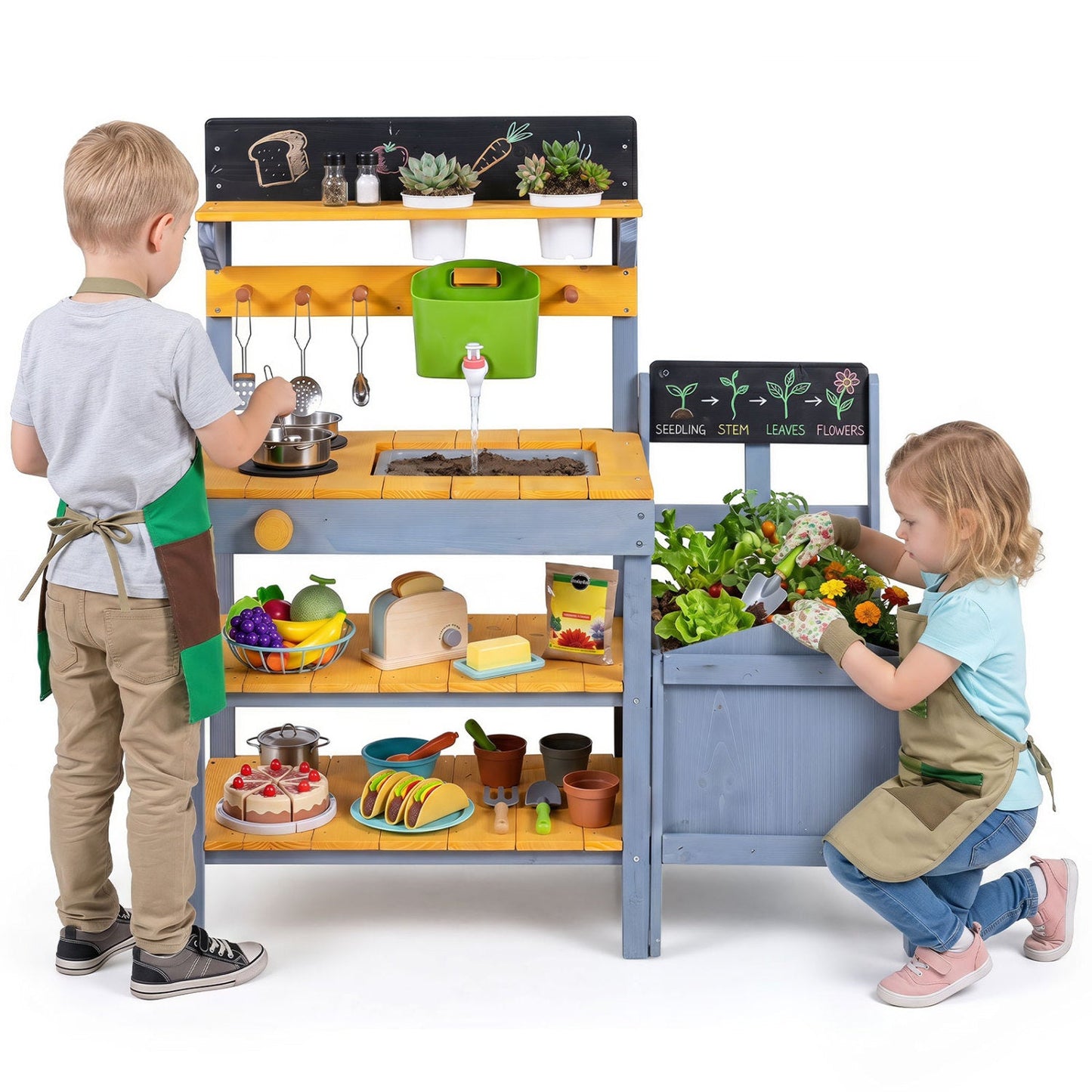 Mud Kitchen Play Set with Running Water and Dual Burners
