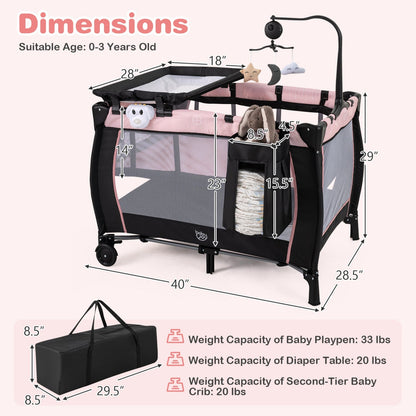 Baby Playpen with Changing Table and Bassinet - Pink