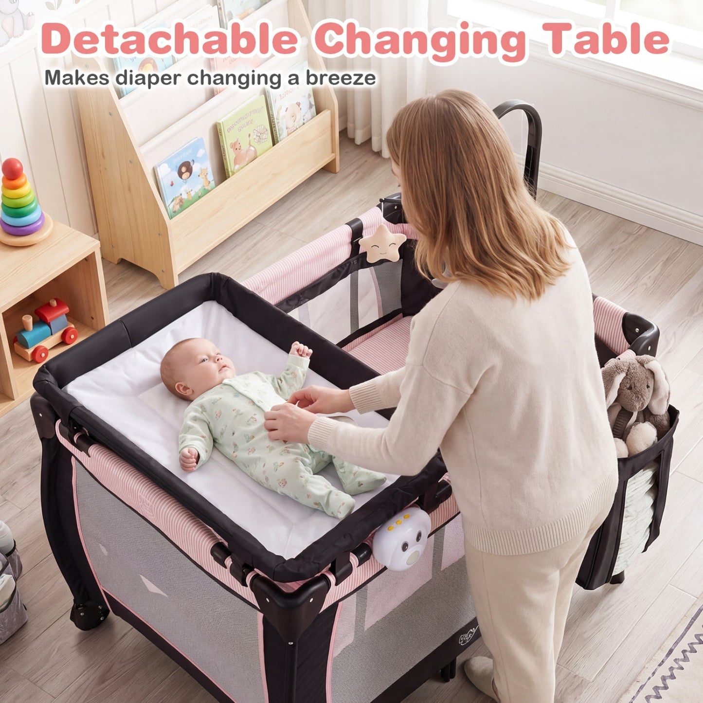 Baby Playpen with Changing Table and Bassinet - Pink