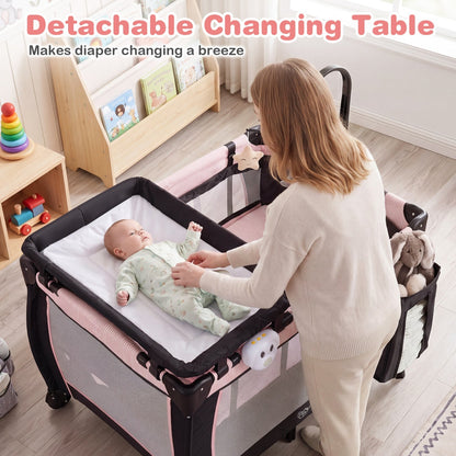 Baby Playpen with Changing Table and Bassinet - Pink