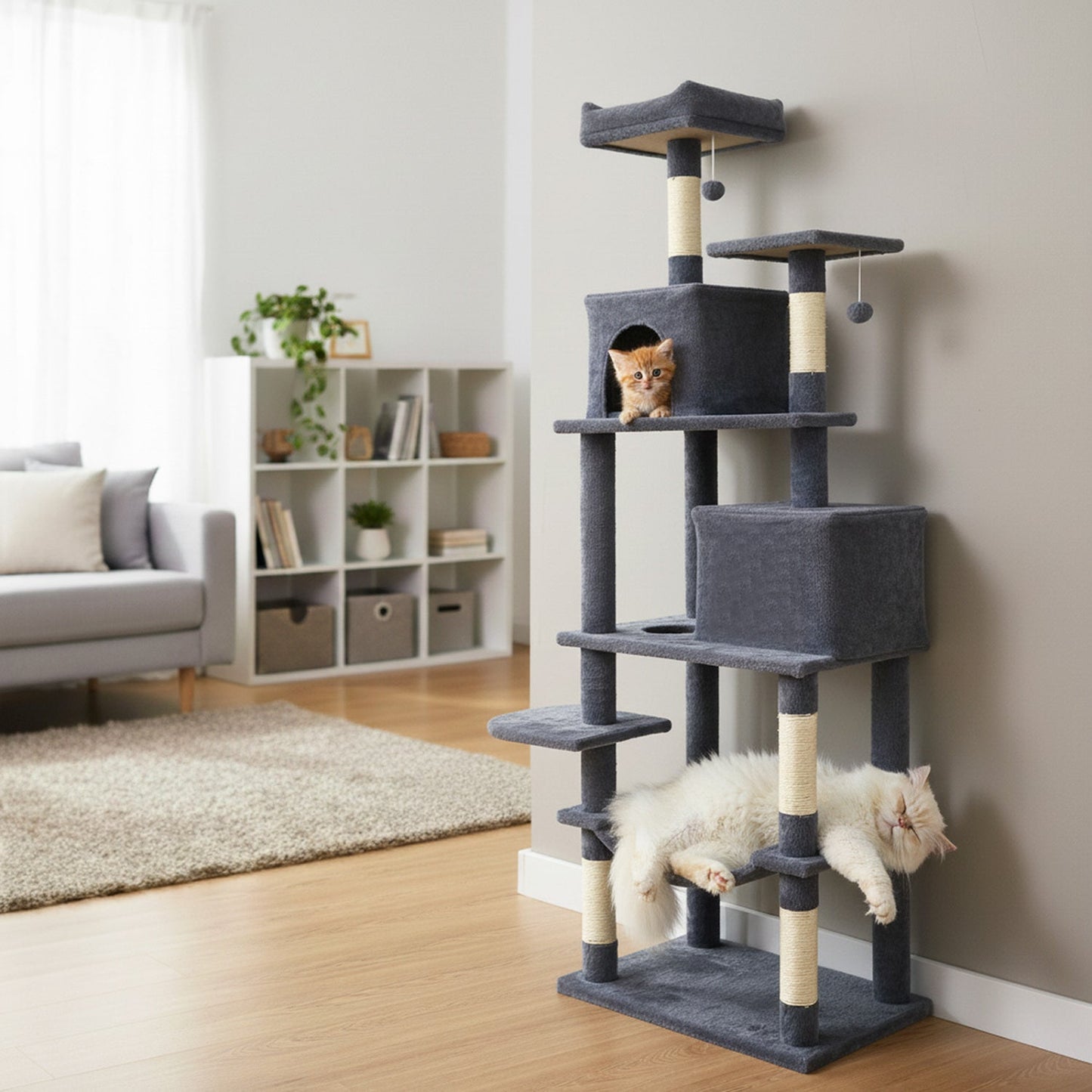 Multi-level Cat Tree Modern Cat Tower with Upholstered Perch and 2 Cat Condo