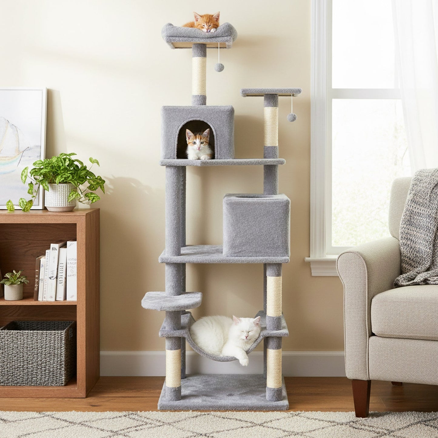 Multi-level Cat Tree Modern Cat Tower with Upholstered Perch and 2 Cat Condo