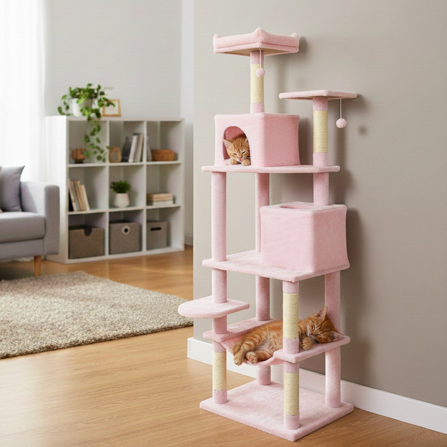 Multi-level Cat Tree Modern Cat Tower with Upholstered Perch and 2 Cat Condo