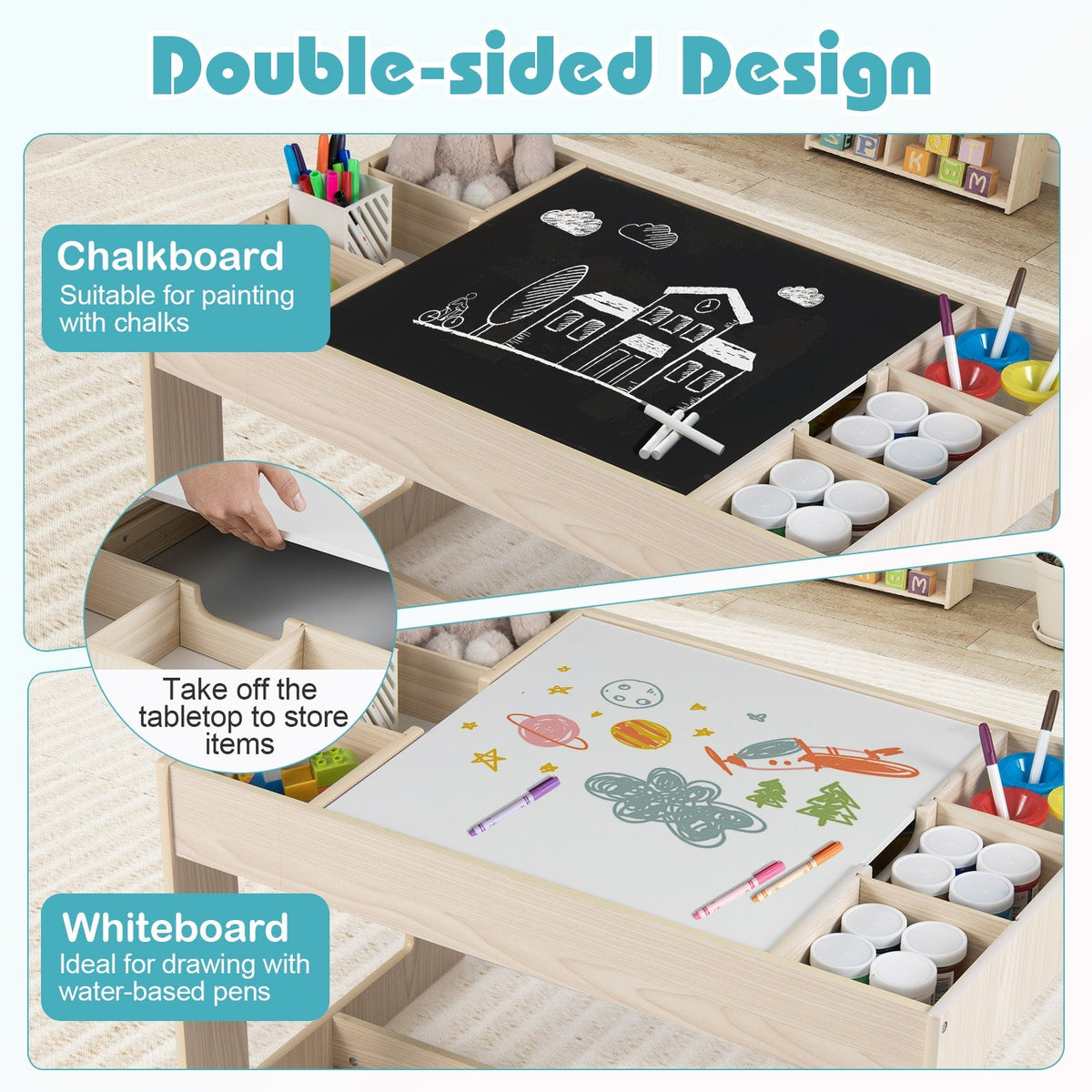Multifunctional Kids Table and 2 Chairs Set with Chalkboard