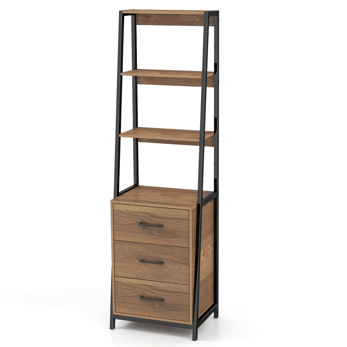 Multifunctional Tall Bookcase with Open Shelves and Storage Drawers