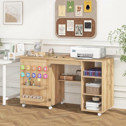 Multipurpose Folding Sewing Table Craft Station with Rattan Door-Natural