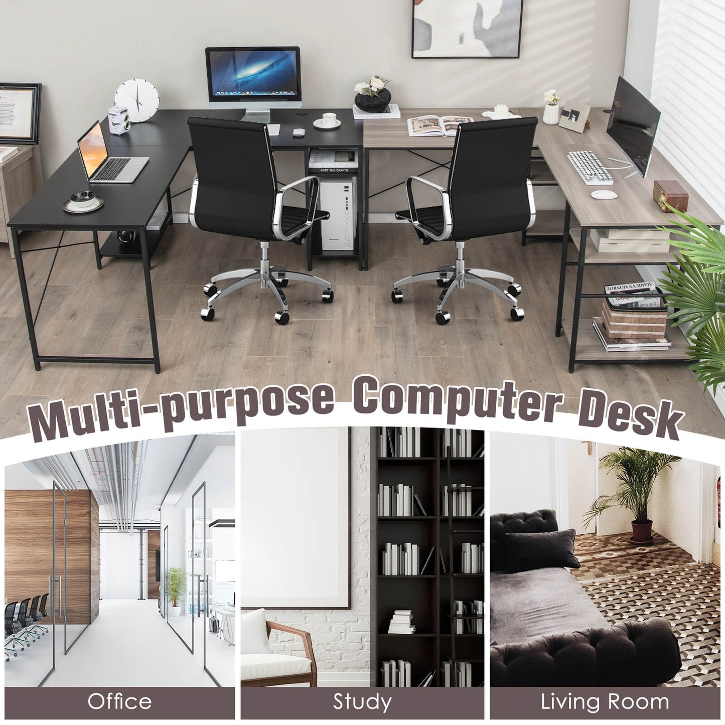 L Shaped Computer Desk with 4 Storage Shelves and Cable Holes