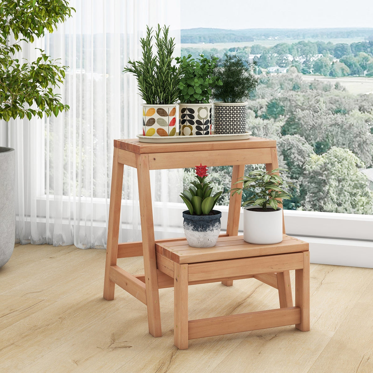 Multipurpose Wood Folding 2-Step Stool for Indoor Outdoor Plant Stand-Natural