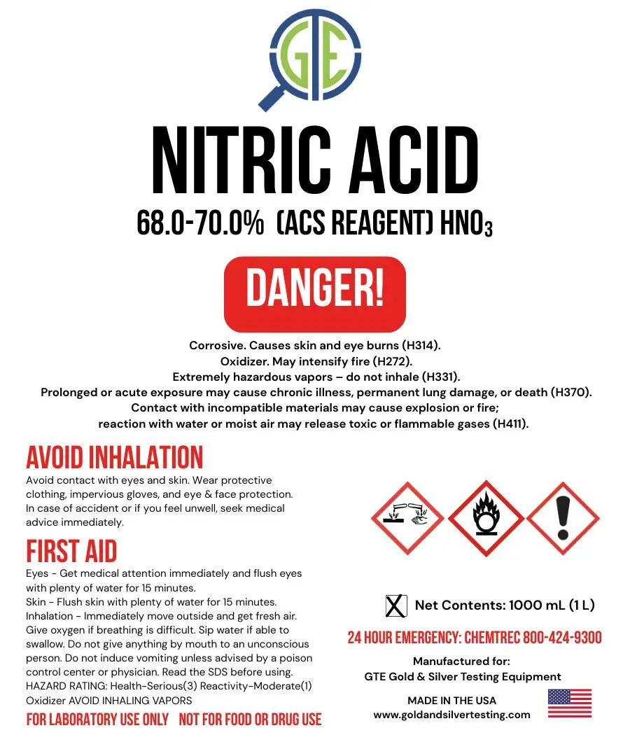 Nitric Acid 70% for Gold Refining – ACS Reagent Grade 32oz -Higher Purity Concentrated Acid for Gold Refining & Recovery