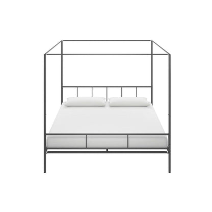 King size Dark Grey Metal Canopy Bed Frame with Headboard and Footboard