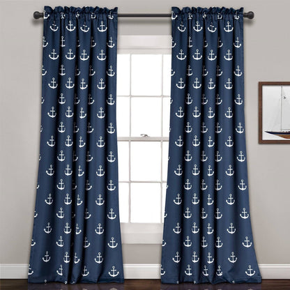 2 Panel 84"L x 52"W Navy Nautical Anchors Window Curtain Set