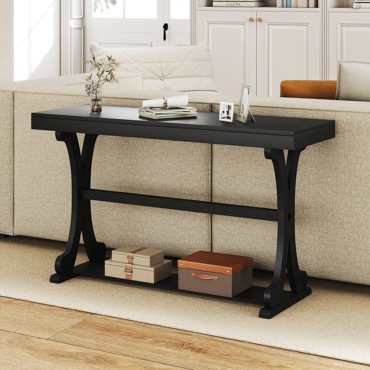 Narrow Console Table Vintage 52 Inch Long with Open Storage Shelf