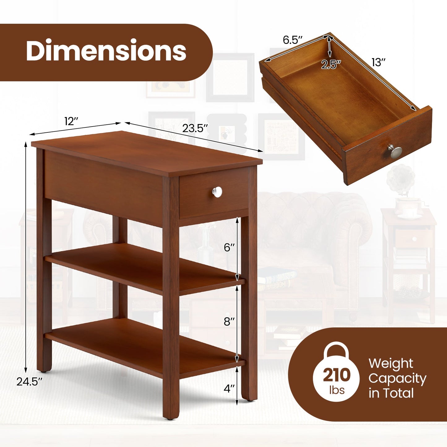 3-Tier Narrow End Table with Drawer and Storage Shelves