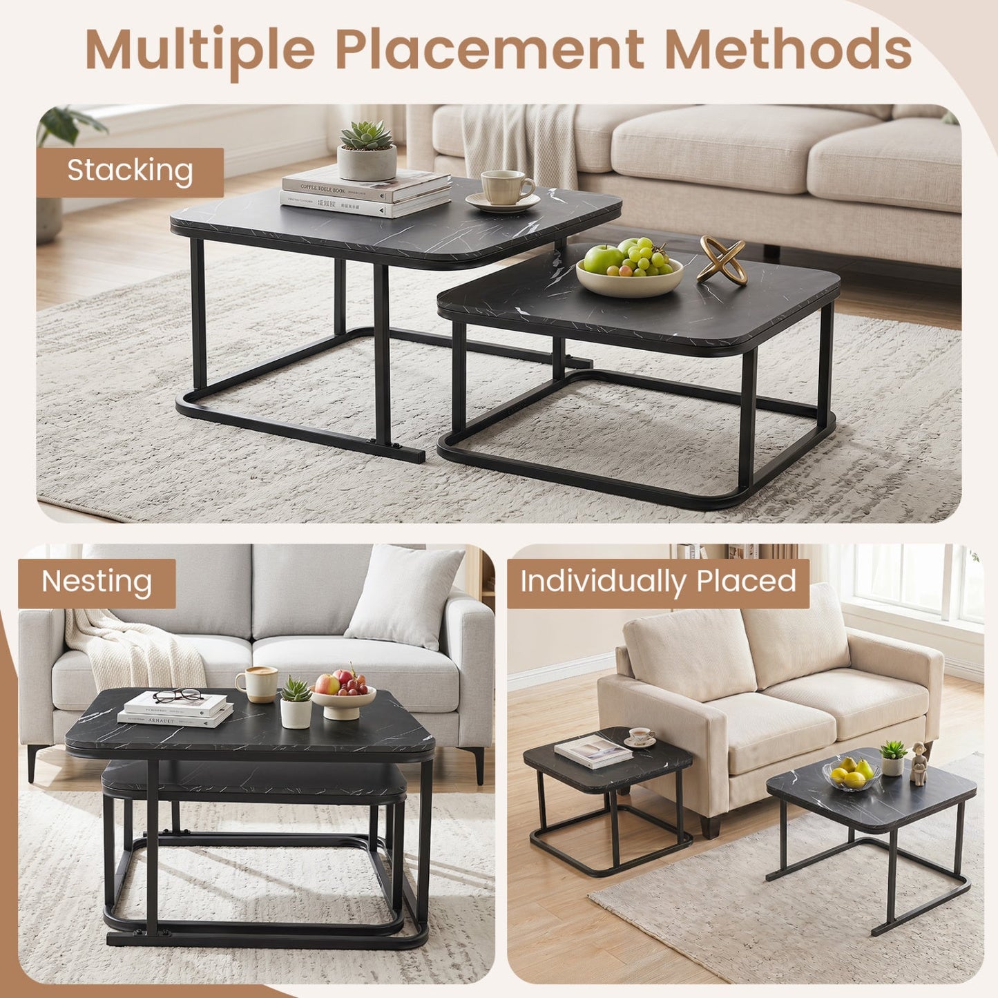Nesting Coffee Table Set of 2 with Faux Marble Top