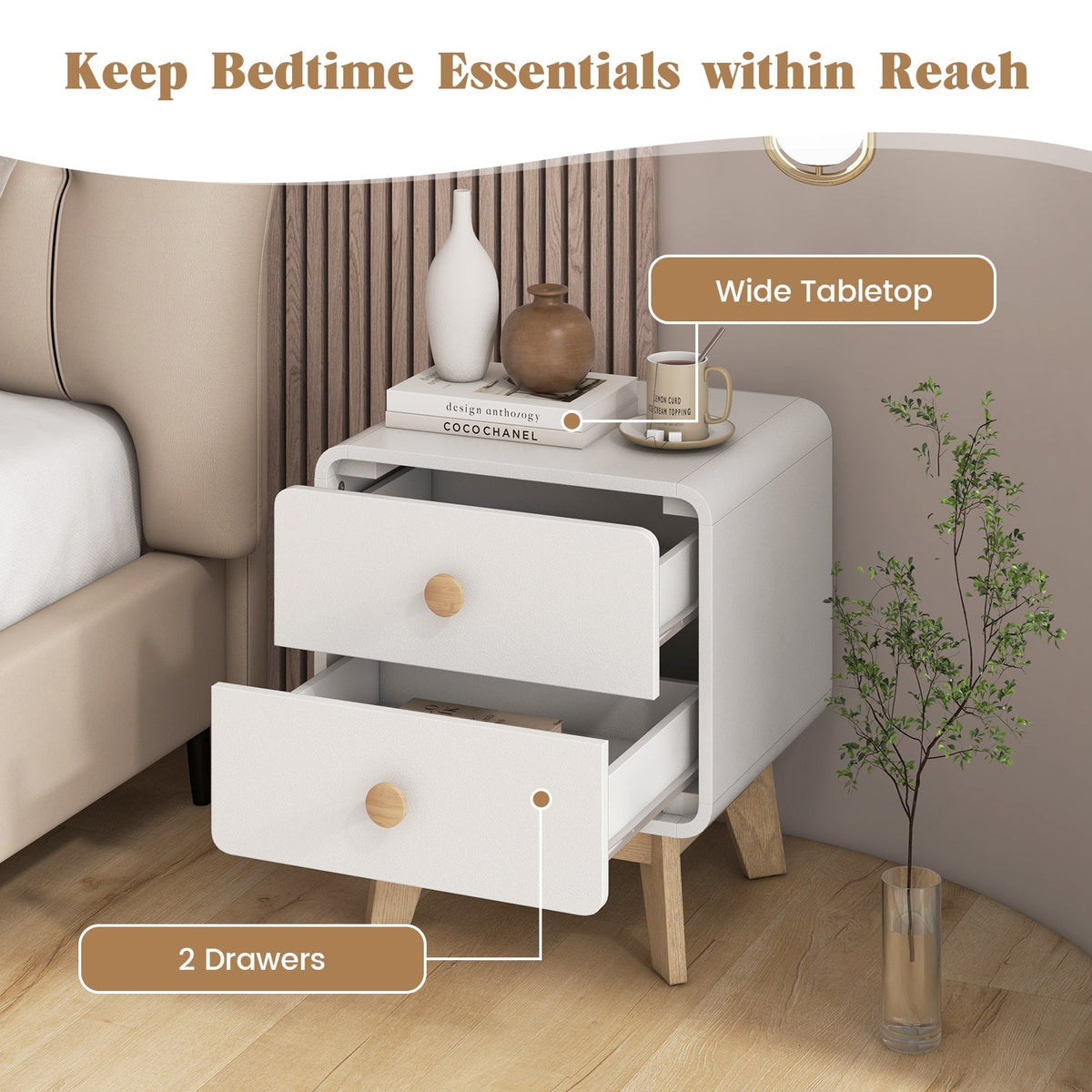 Nightstand with 2 Drawers Solid Rubber Wood Legs