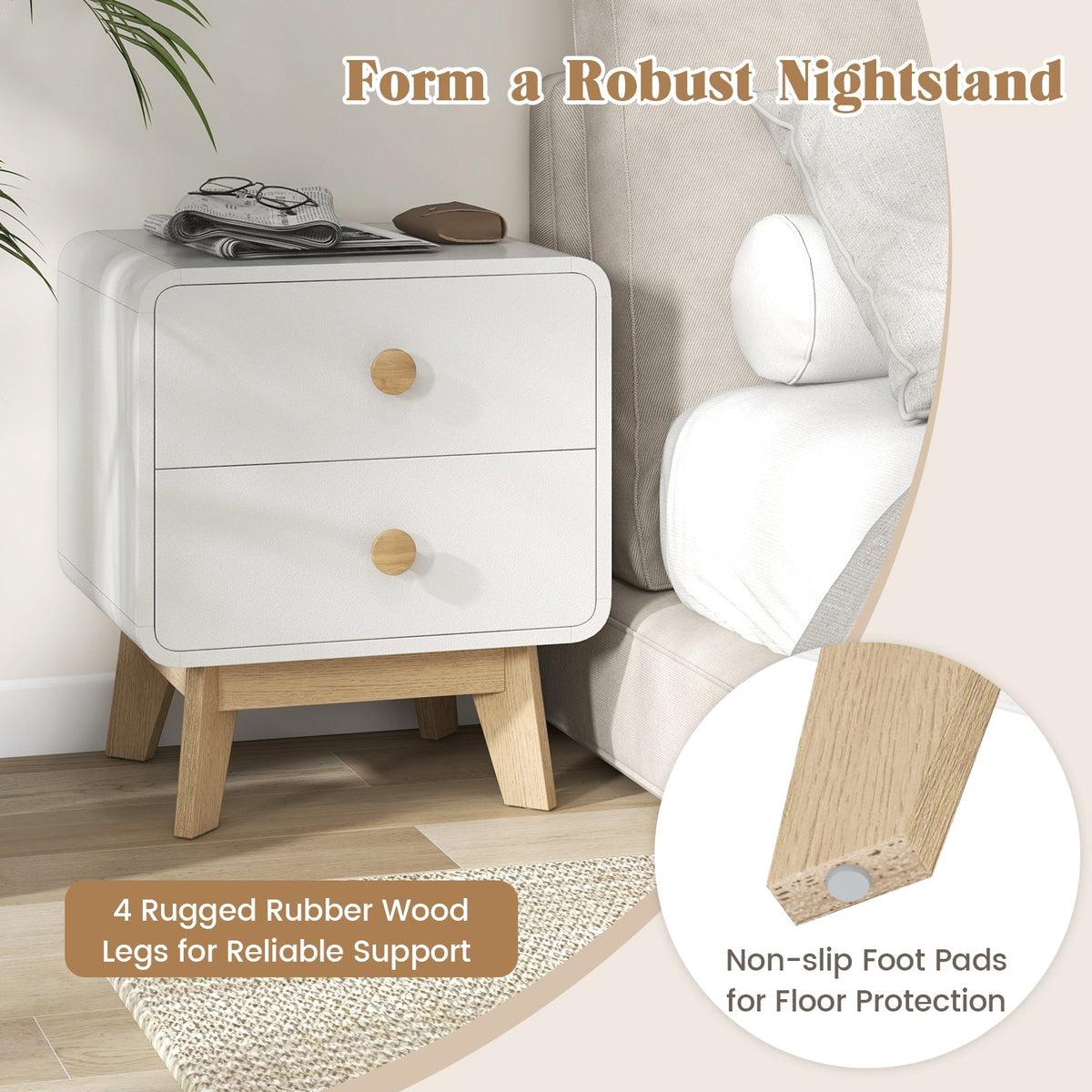 Nightstand with 2 Drawers Solid Rubber Wood Legs
