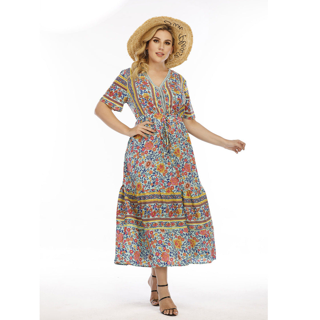 Plus Size Bohemian Dress Wearable Lace Patchwork Maxi Dress