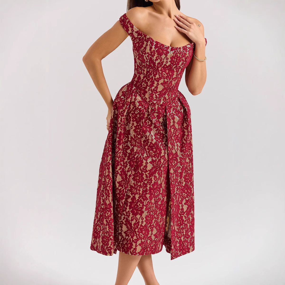 Off Shoulder Backless Floral Print Midi Dress