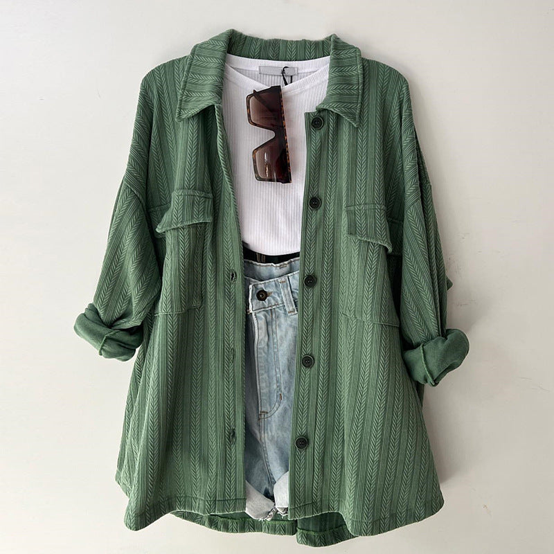 Women's Loose Plus Size Patch Pocket Lapel Long Sleeve Shirt Top