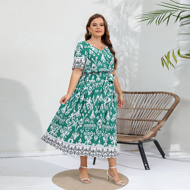 Plus Size Dress Elegant Graceful Elastic Waist V neck Dress