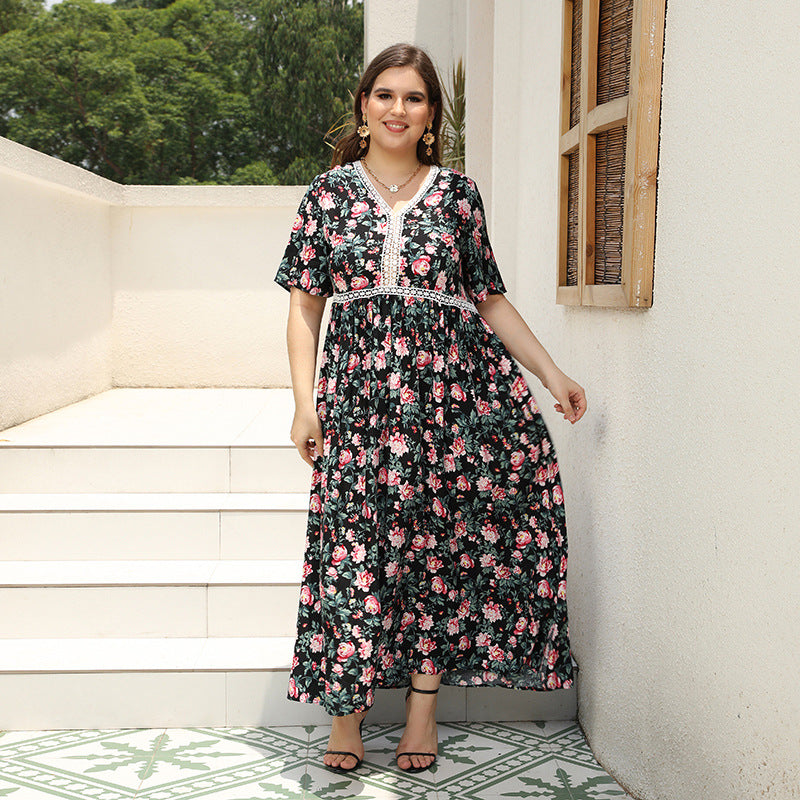 Plus Size V neck Printed Dress Lace Stitching Loose Floral Dress Beach Vacation Beach Dress