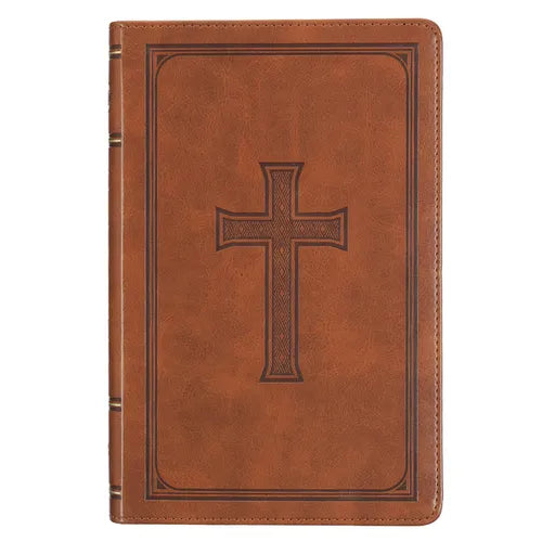 KJV Holy Bible, Standard Size Faux Leather Red Letter Edition Thumb Index, Ribbon Marker, King James Version, Honey Brown Cross Emblem - Leather