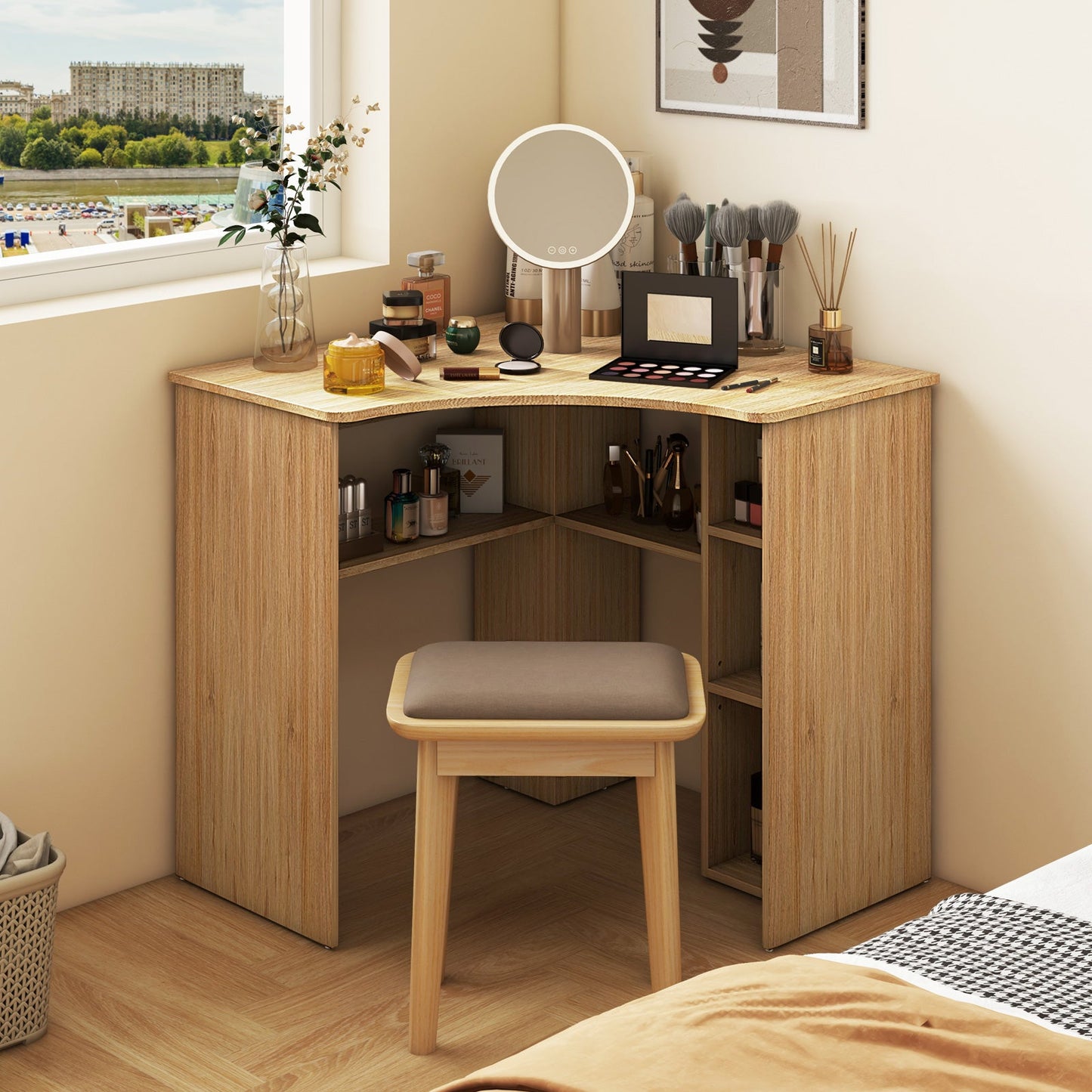 Corner Computer Desk Triangle Home Office Desk with Adjustable Shelf and Arc-Shaped Profile