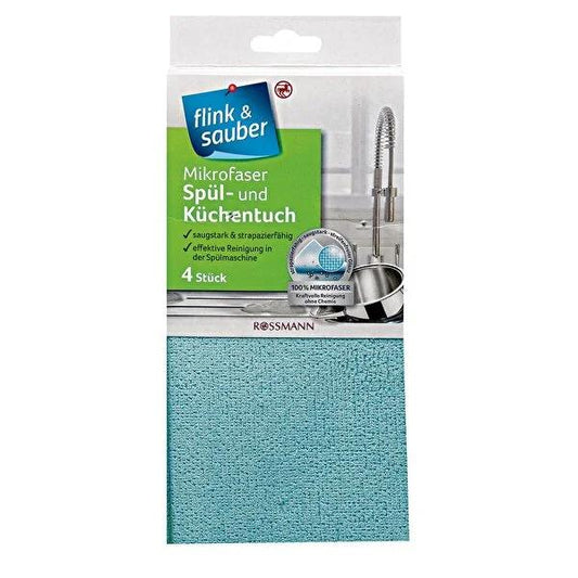 Flink & Sauber Microfiber Cleaning Cloth for Flat Surfaces - 4 Pack, Effective Multi-Surface Cleaner, Machine Washable