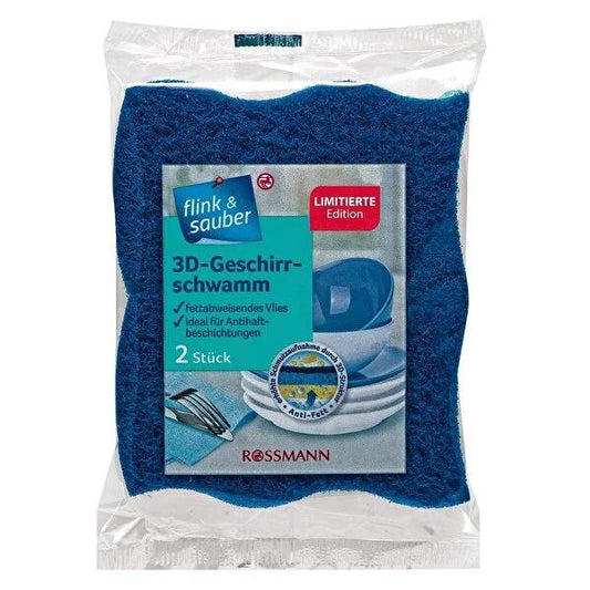 Flink & Sauber 2-Pack Dish Sponge: Absorbent Viscose & Abrasive Fiber - Non-Scratch, Machine Washable Kitchen Cleaning Sponges