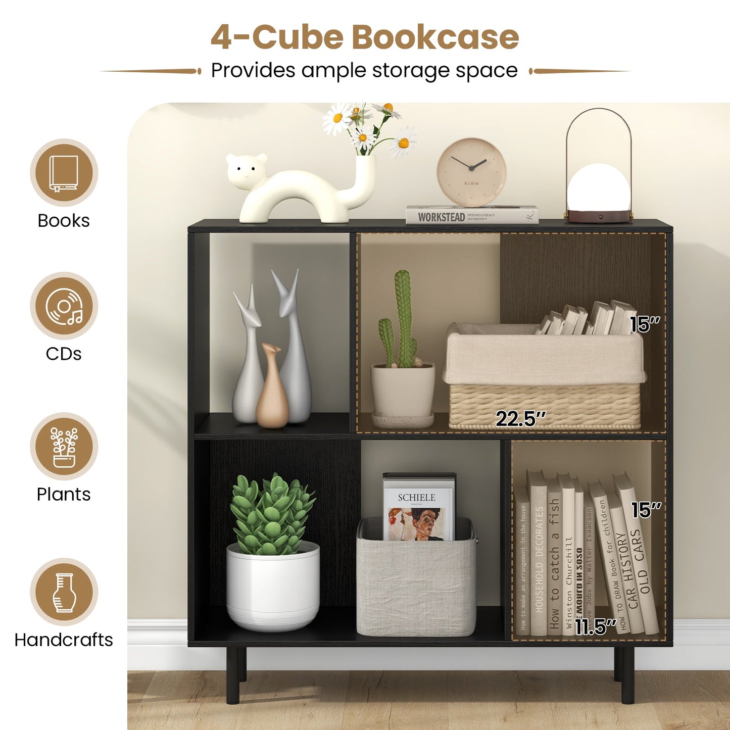 Open Shelf Bookcase with 4 Compartments