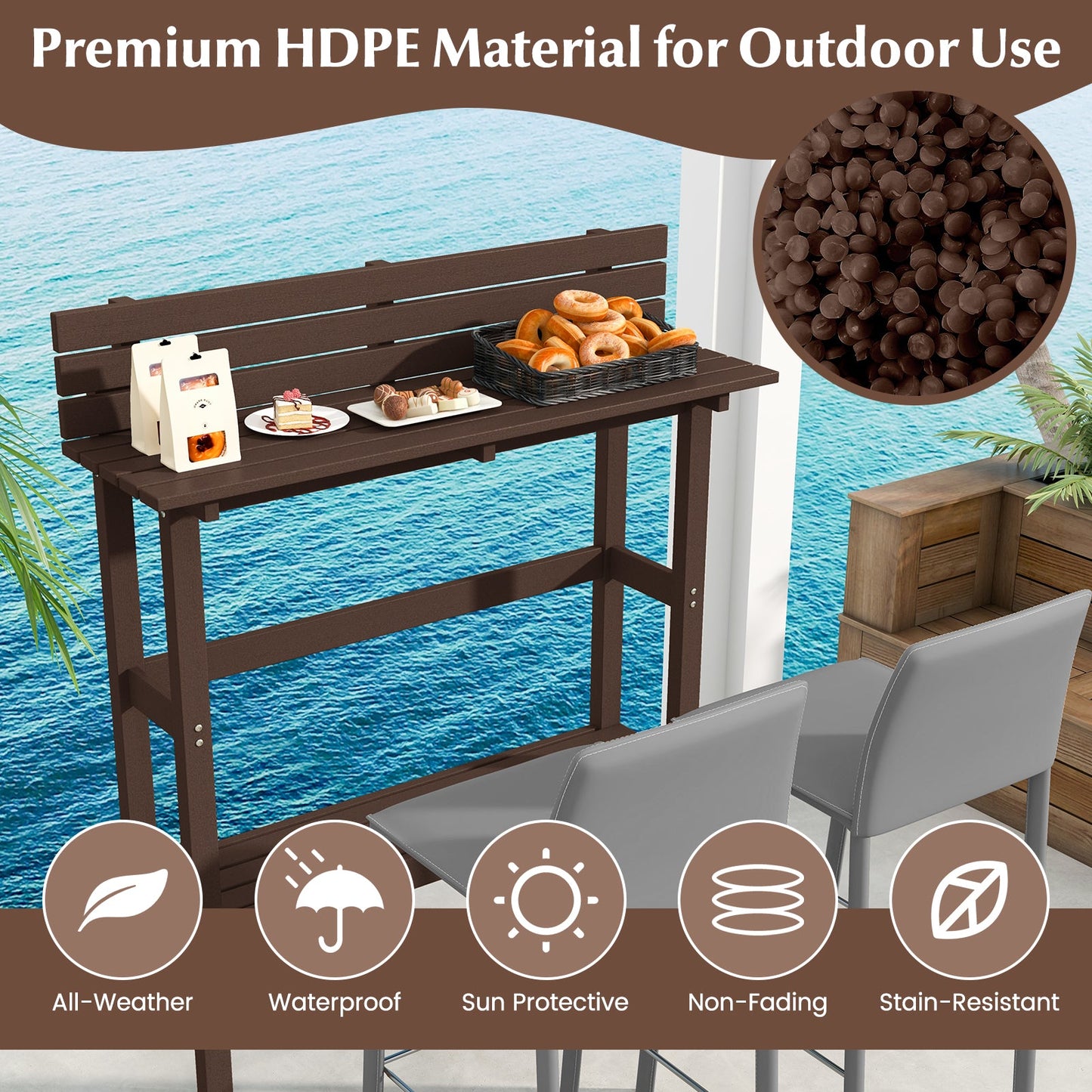 48 Inch Patio Pub Height Table with Storage Shelf and Adjustable Foot Pads
