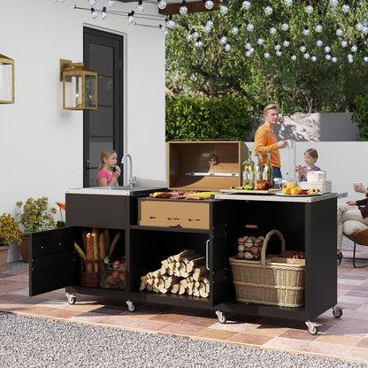Outdoor Grill Table with Sink and Drainage Heavy Duty Metal Grill Cart-Black