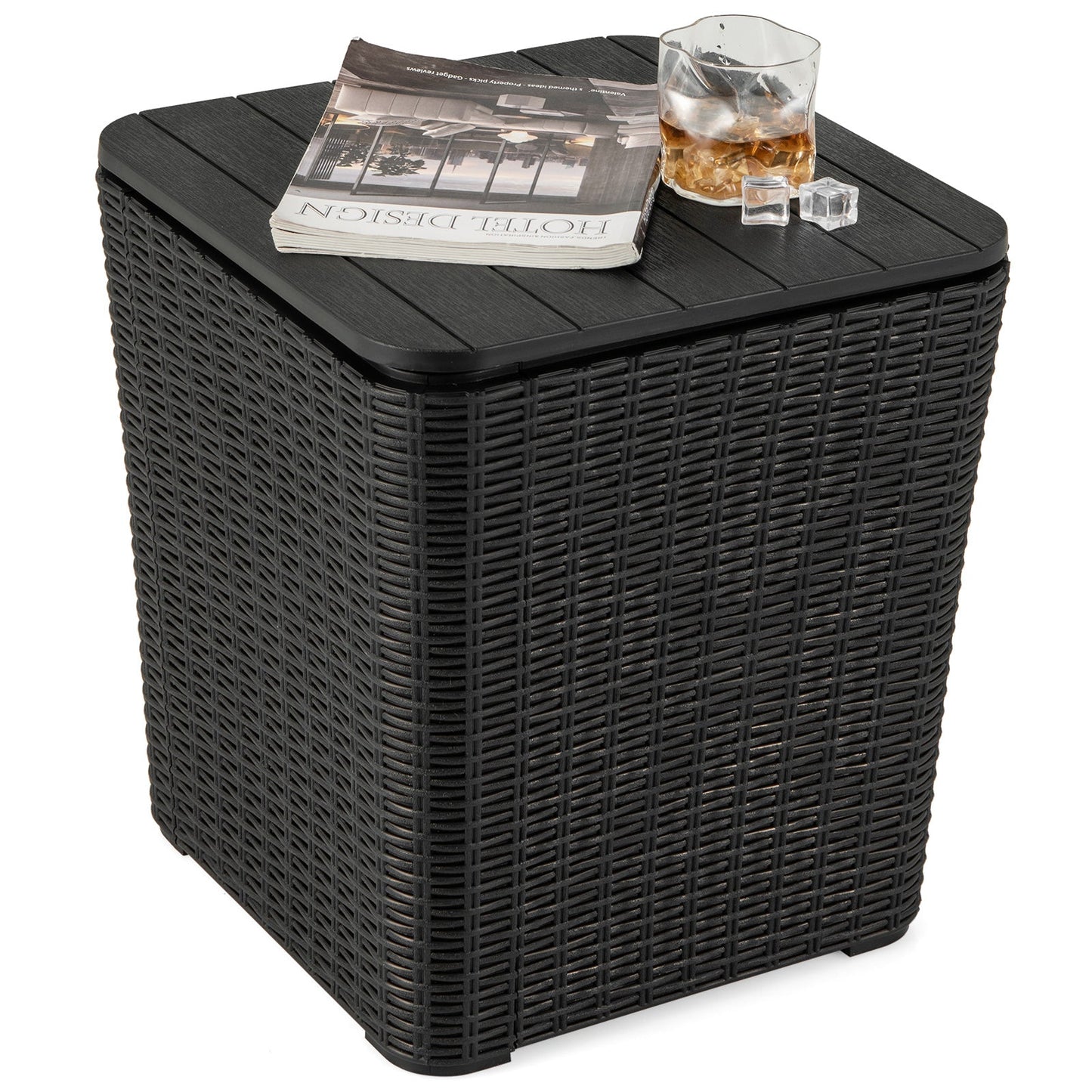 Outdoor Resin Storage Side Table with Removable Lid and Wicker-woven Accent