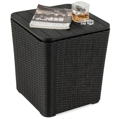 Outdoor Resin Storage Side Table with Removable Lid and Wicker-woven Accent