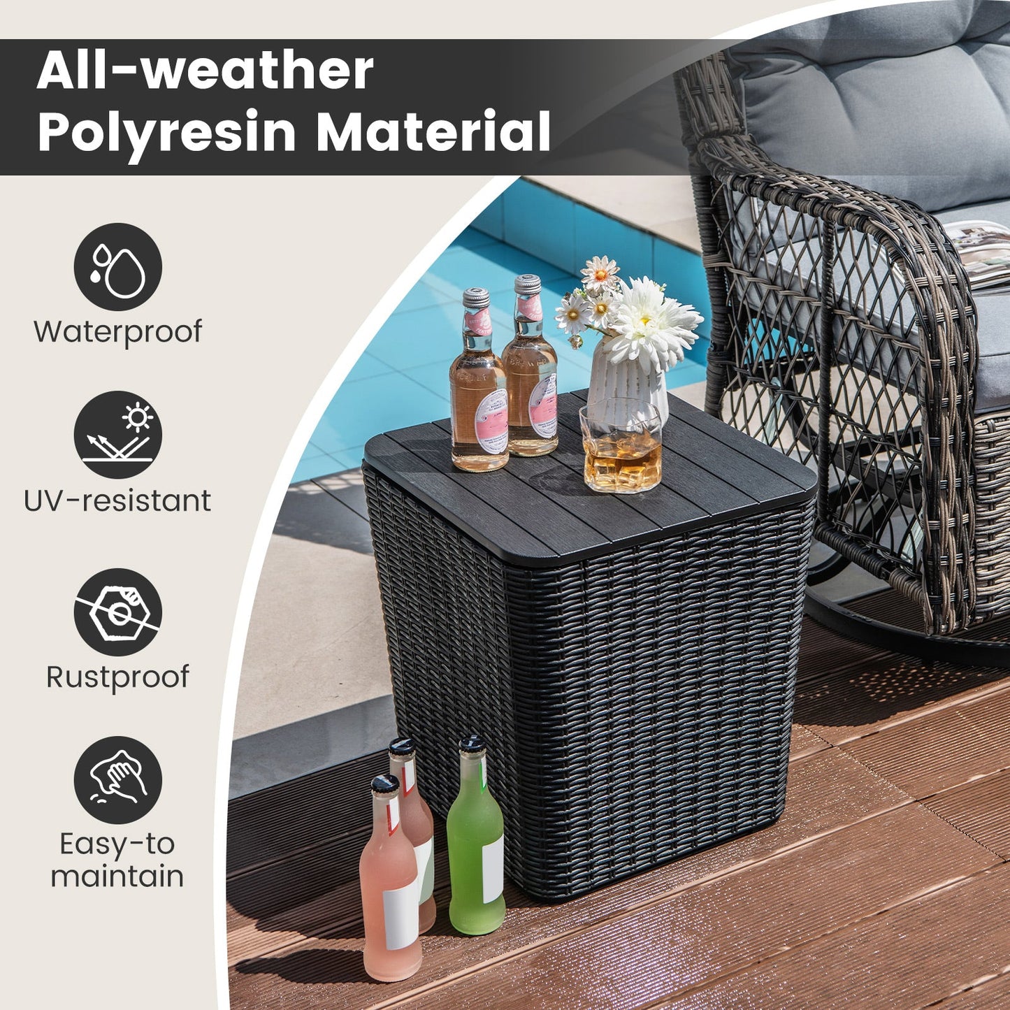 Outdoor Resin Storage Side Table with Removable Lid and Wicker-woven Accent