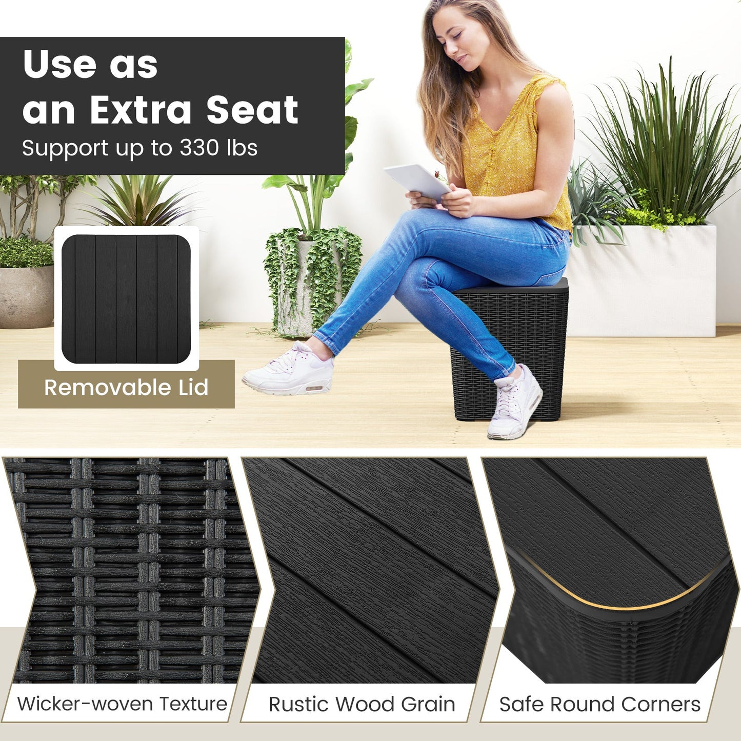 Outdoor Resin Storage Side Table with Removable Lid and Wicker-woven Accent