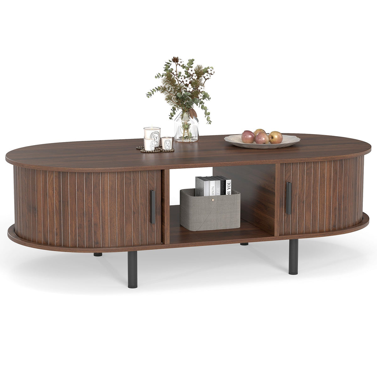 48" Mid Century Center Table with Sliding Fluted Doors and Open Compartment-Walnut