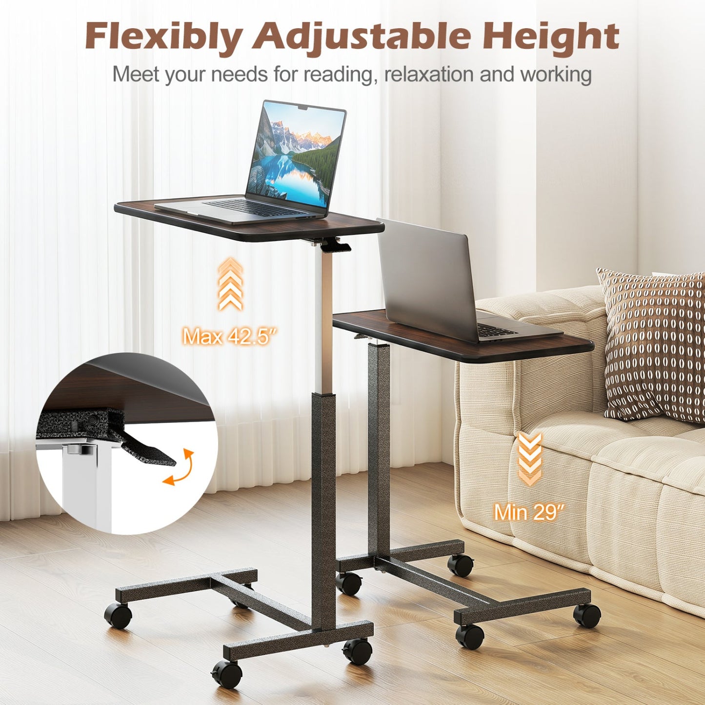 Overbed Table with Lockable Wheels and Adjustable Height