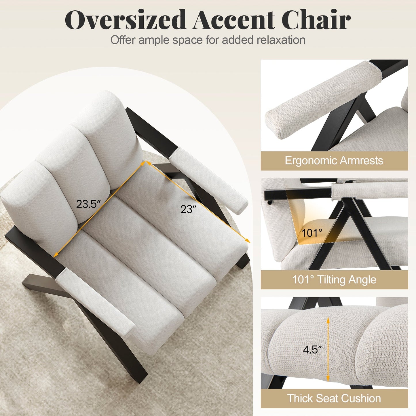 Oversized Accent Chair with Metal Frame and Armrests