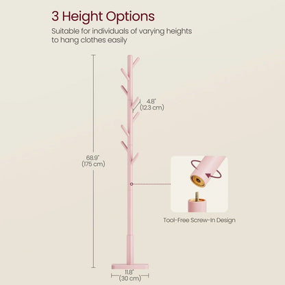 Modern Solid Wood Coat Rack Entryway Hall Tree Hat Stand in Pink
