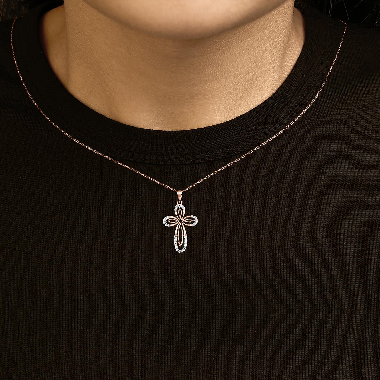 Diamond Double Loop Cross Pendant Necklace in Rose Gold-Plated Sterling Silver