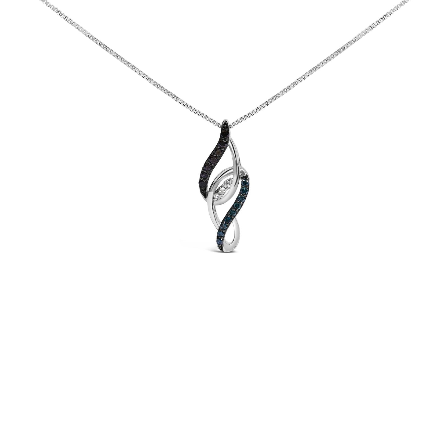 Black, Blue & White Diamond Linear Swirl Pendant Necklace in Sterling Silver – 0.25 Cttw