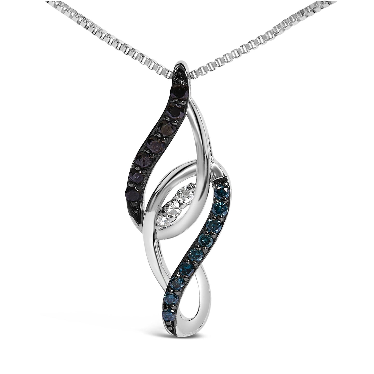Black, Blue & White Diamond Linear Swirl Pendant Necklace in Sterling Silver – 0.25 Cttw