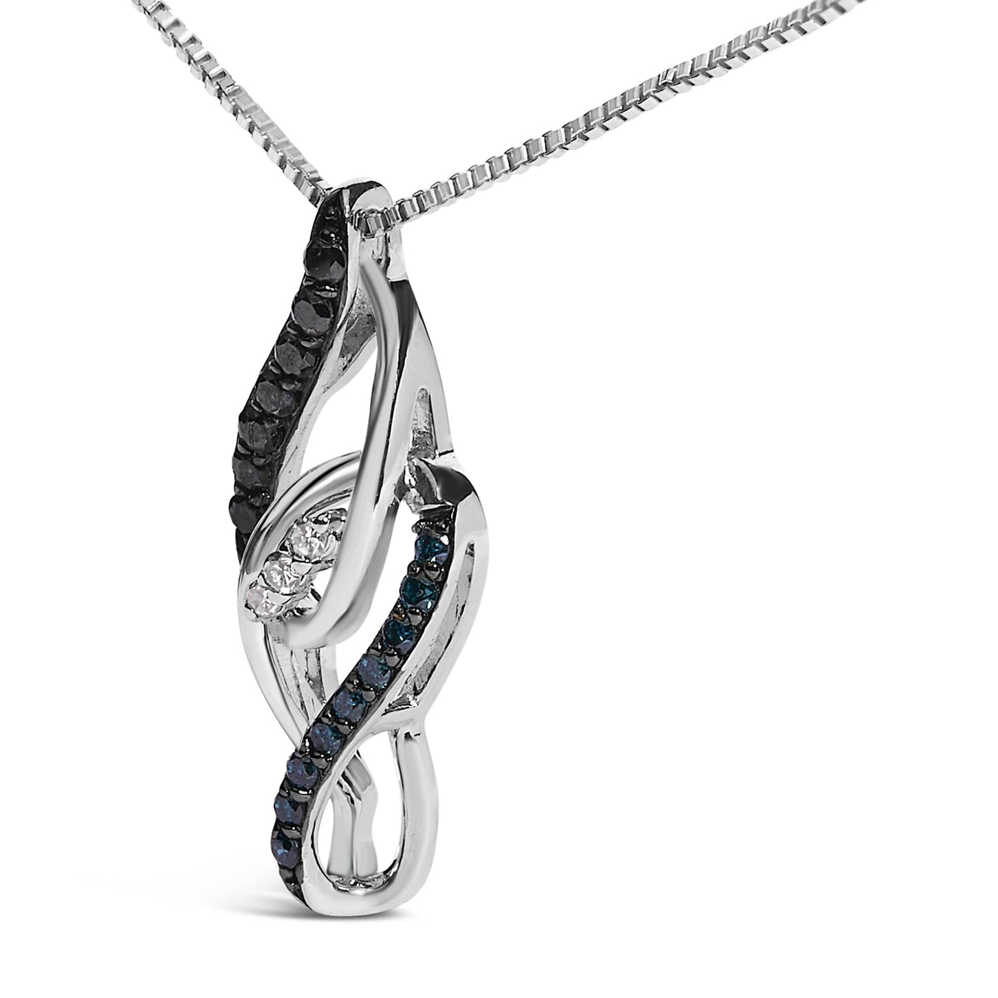 Black, Blue & White Diamond Linear Swirl Pendant Necklace in Sterling Silver – 0.25 Cttw
