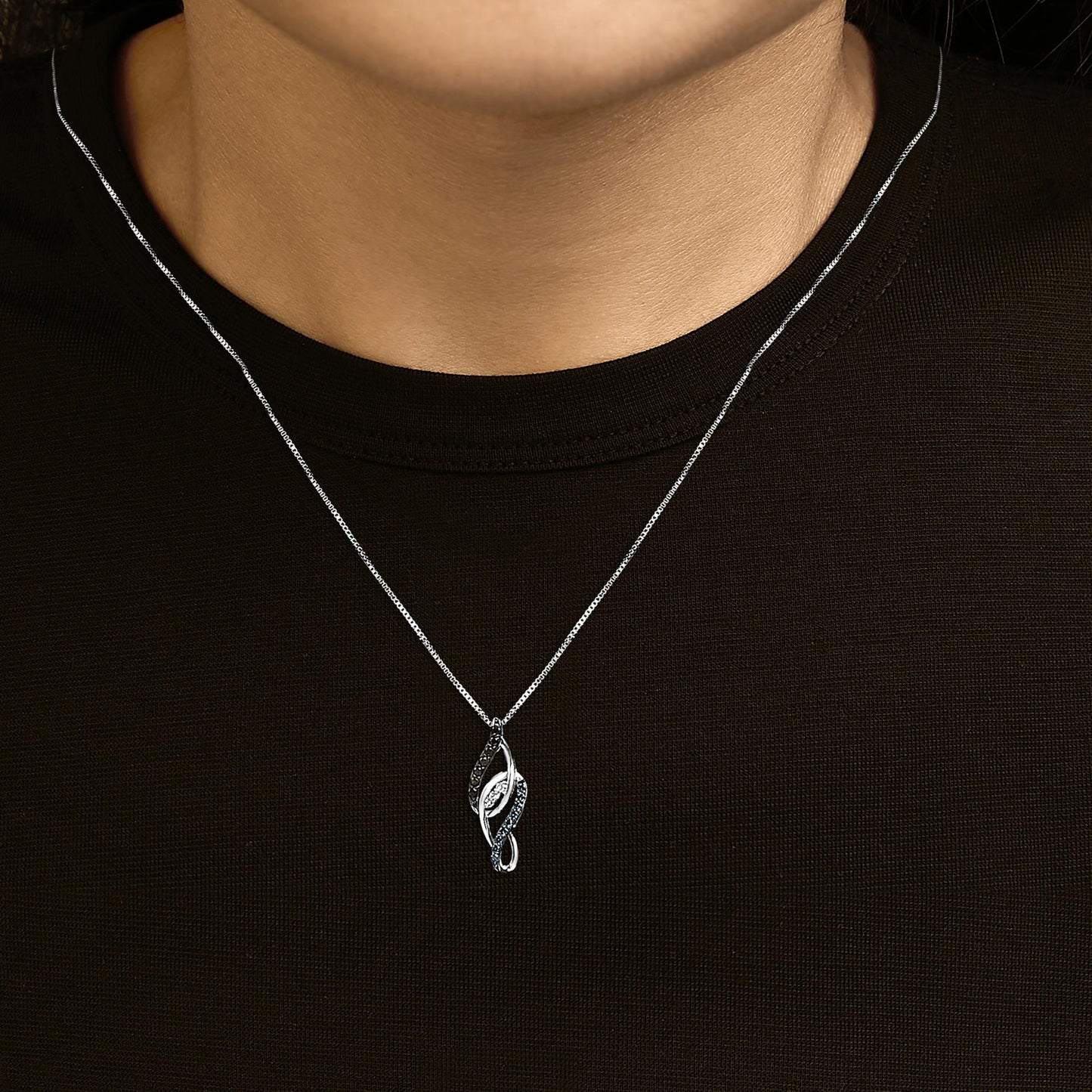 Black, Blue & White Diamond Linear Swirl Pendant Necklace in Sterling Silver – 0.25 Cttw