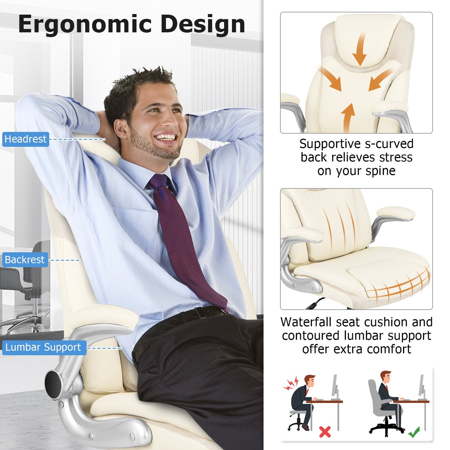 Ergonomic Office PU Leather Executive Chair with Flip-up Armrests and Rocking Function