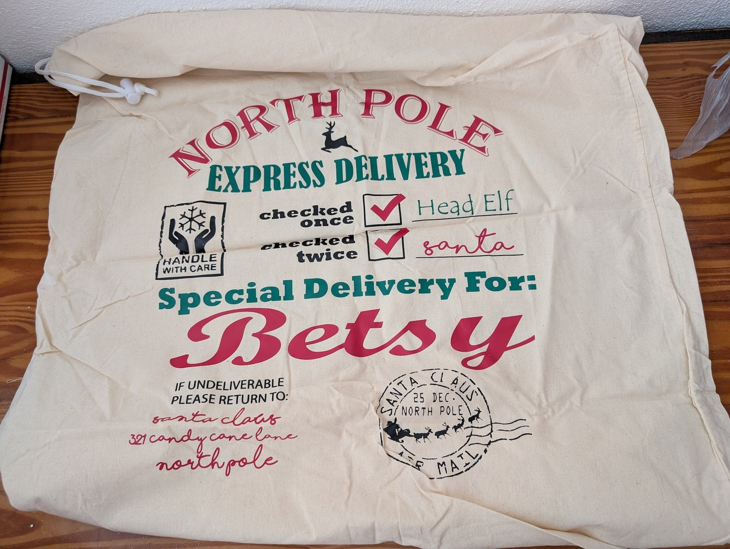 Personalized Santa Sack from Unknown -  Linens (Canvas Gift Packaging, Traditional, Farmhouse, Cream, Red, Green)