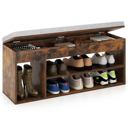 Padded Seat Shoe Bench with Hidden Storage and 3 Open Shelves