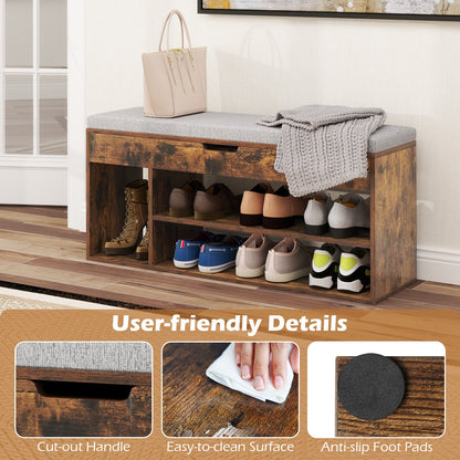 Padded Seat Shoe Bench with Hidden Storage and 3 Open Shelves